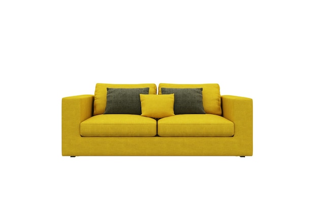Representación 3D de un sofá amarillo sobre un fondo blanco.