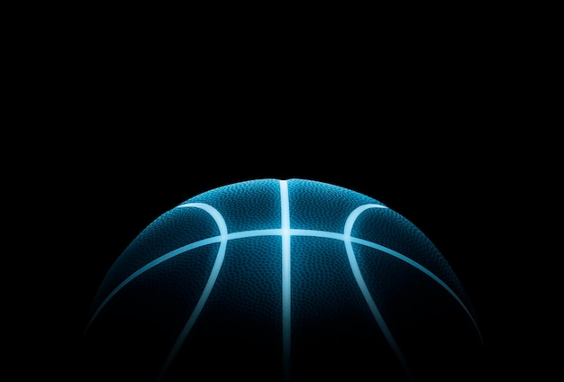 Representación 3D de un solo baloncesto negro con líneas de neón brillantes azules en un entorno completamente negro