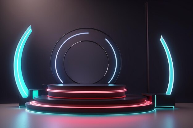 Representación 3D del soporte de exhibición de presentación de productos en el podio con tema abstracto de luz de neón oscuro