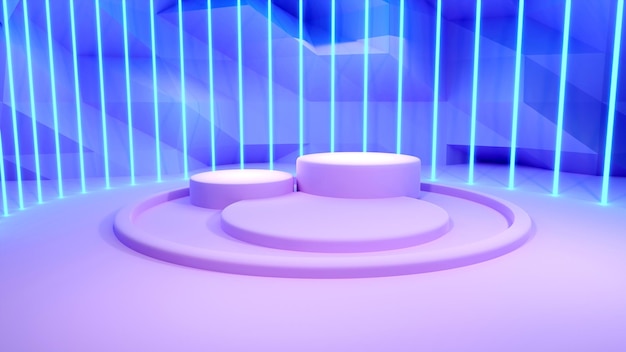 Representación 3d soporte de exhibición de producto rosa claro envolvente concepto abstracto de fondo con volantes láser de neón azul