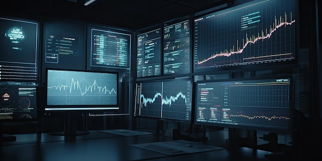 Representación 3d de tablas y gráficos financieros en pantallas de computadora en una habitación oscura Ilustración generativa de IA