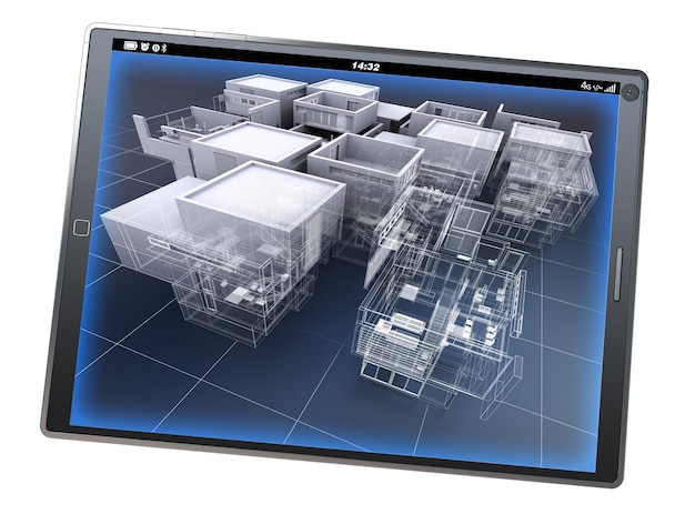 Foto representación 3d de un tablet pc con un modelo de arquitectura, parcialmente terminado y parcialmente con estructura alámbrica