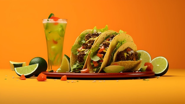 Una representación en 3D de un taco guacamole y una margarita sobre un fondo naranja