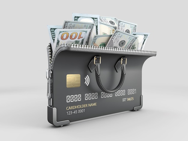 Representación 3D de tarjeta de crédito abierta con billetes de dólares, trazado de recorte incluido.