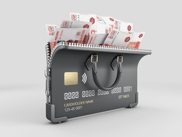 Representación 3D de tarjeta de crédito abierta con billetes de rublos rusos, trazado de recorte incluido.