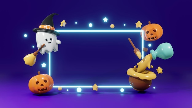 Representación 3D Tarjeta de invitación de Halloween maqueta plantilla de espacio de copia calabaza fantasma linda y luz con espacio para texto en el fondo estilo de dibujos animados de render 3d