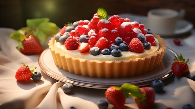 Una representación en 3D de una tarta de frutas con una corteza de mantequilla