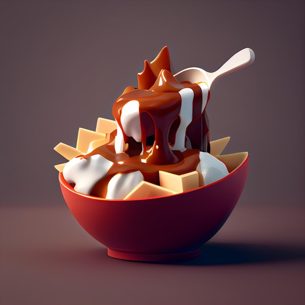 Representación 3d de un tazón de helado con chocolate y caramelo