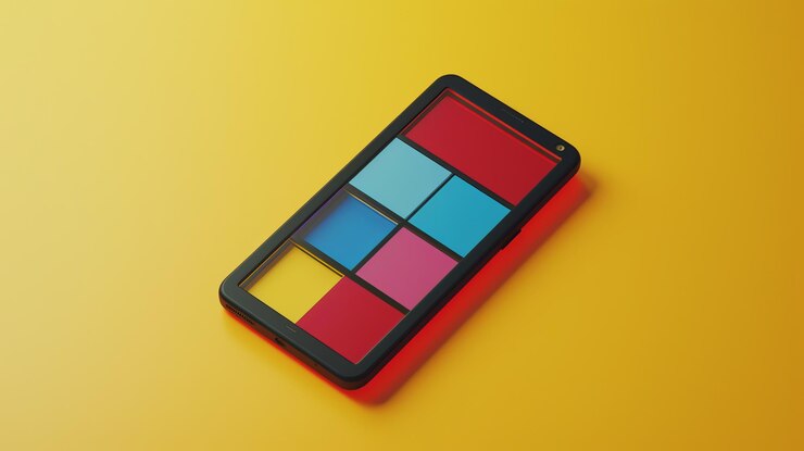 Foto una representación 3d de un teléfono con cuadrados multicolores en un fondo amarillo