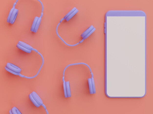 Representación 3D de un teléfono inteligente de pantalla en blanco con auriculares púrpuras sobre fondo rosa