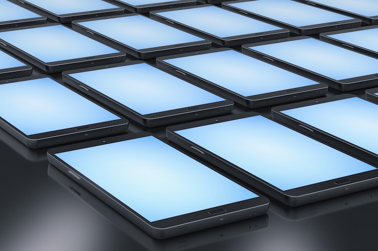 Foto representación 3d de teléfonos móviles con pantalla azul en blanco