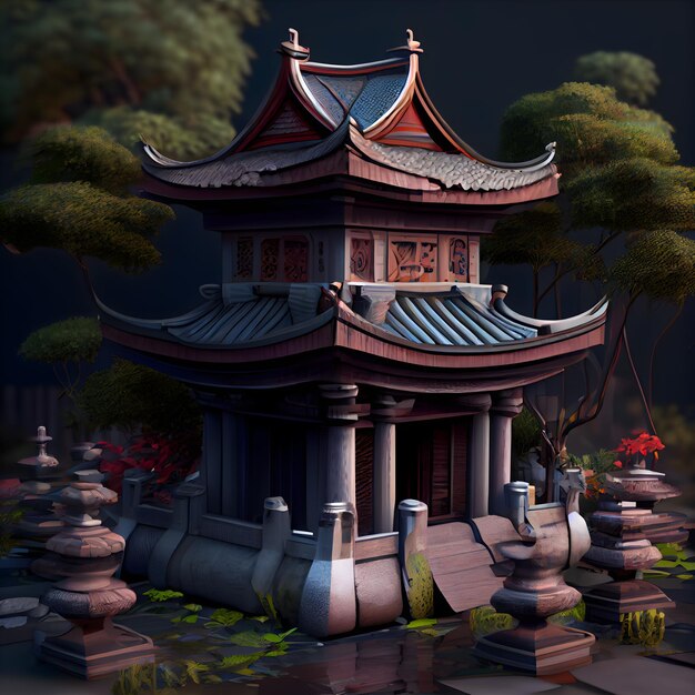 Representación 3D de un templo japonés en la jungla con un fondo oscuro