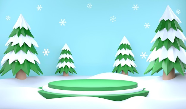 Representación 3D temporada de invierno y podio sobre fondo azul Ilustración 3d en suelo de nieve