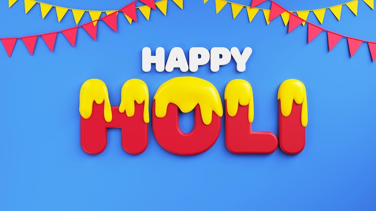 Foto representación 3d del texto happy holi con efecto de goteo sobre fondo azul decorado con banderas del empavesado