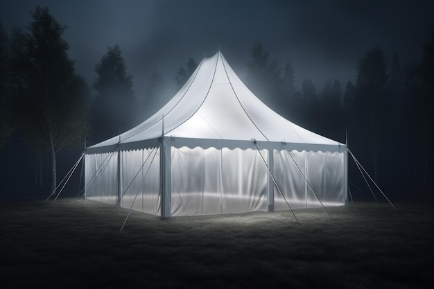 Representación 3D de una tienda de campaña en el bosque por la noche con niebla