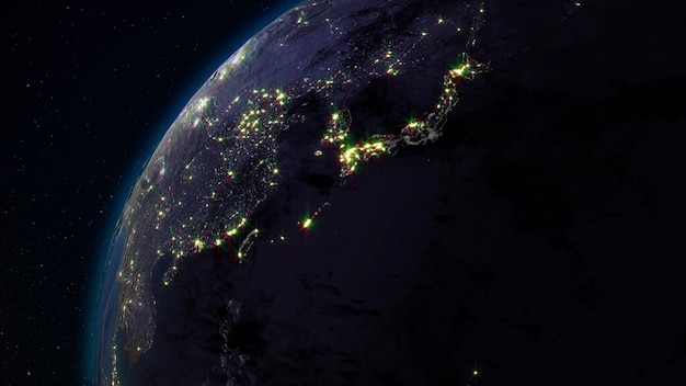 Representación 3D de la Tierra desde el espacio con el telón de fondo del cielo estrellado.