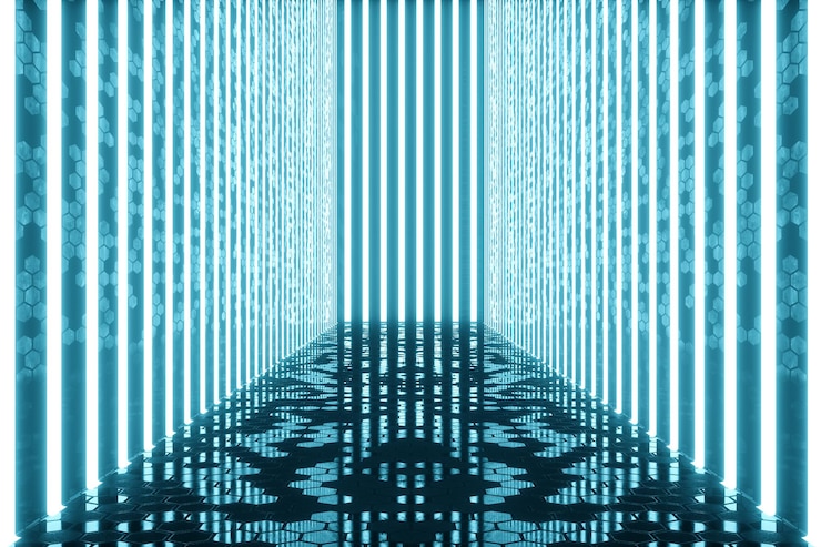 Foto representación 3d tinte azul corredor iluminado con luz de neón azul. elegante luz de neón futurista en la pared.