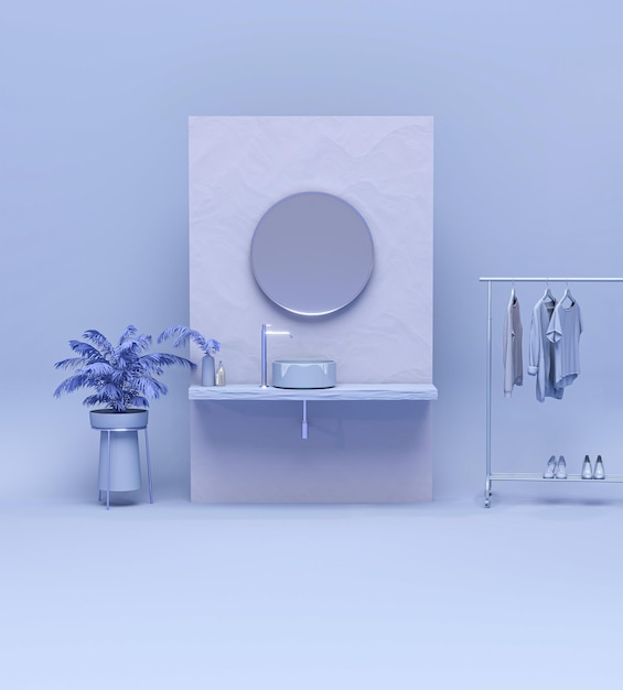 Representación 3D de un tocador azul púrpura vacío con lavabo y grifo de estilo moderno