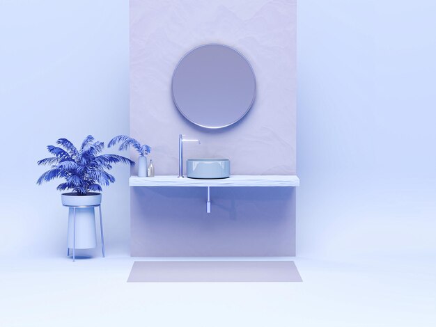 Representación 3D de un tocador azul púrpura vacío con lavabo y grifo de estilo moderno