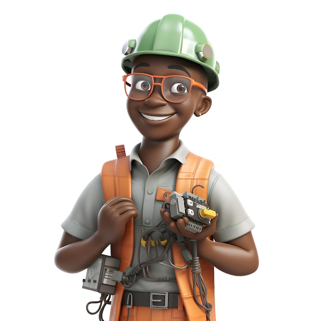 Representación 3D de un trabajador de la construcción afroamericano con una fuente de alimentación