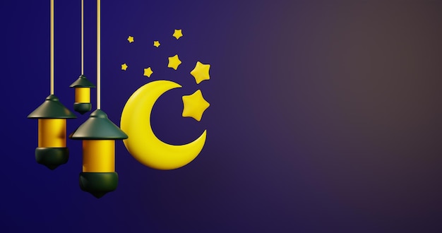 Representación 3d de tres linternas con luna creciente y estrellas para ilustrar la noche de ramadán