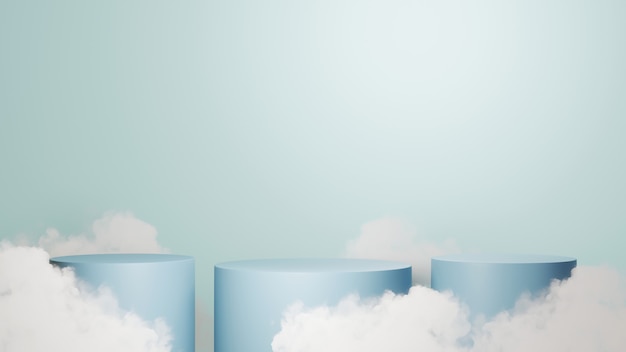 Representación 3D de tres podios azules para mostrar productos y fondo de nubes. Maqueta para mostrar producto.