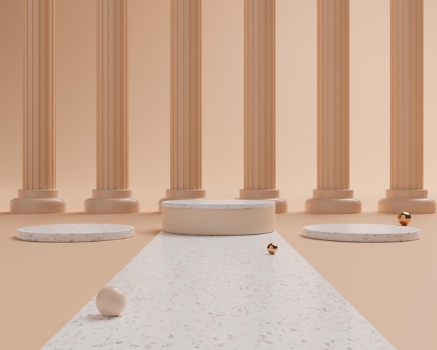 Representación 3d de tres podios de cilindros vacíos con fila de columnas