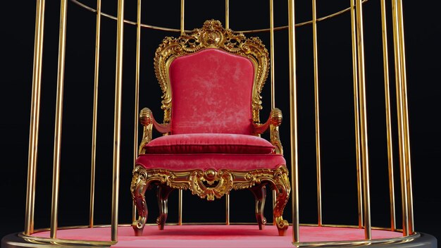 Representación 3D del trono del rey rojo dentro de una barrera de jaula dorada