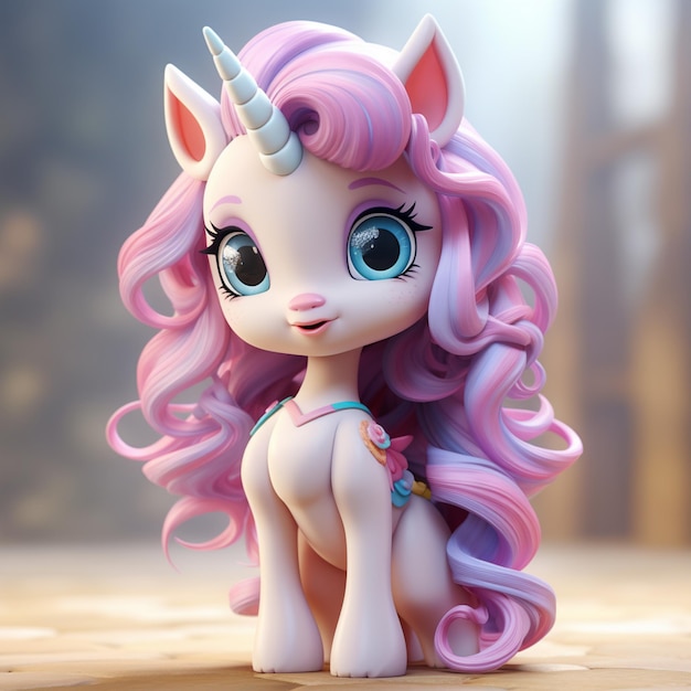 Representación 3D de unicornios bebés nya aiot al estilo de diseño de personajes juguetones, gradientes coloridos