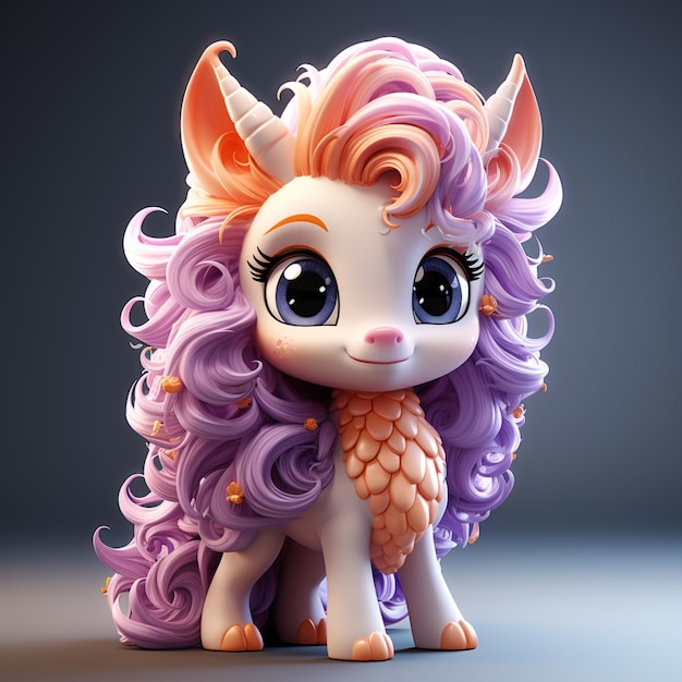 Representación 3D de unicornios bebés nya aiot al estilo de diseño de personajes juguetones, gradientes coloridos