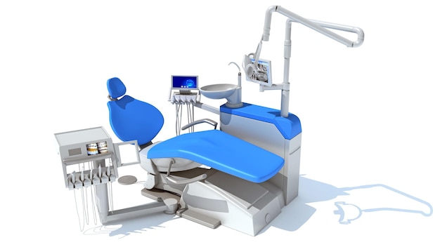 Representación 3D de la unidad de tratamiento dental en fondo blanco