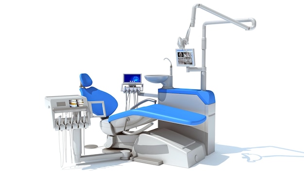Representación 3D de la unidad de tratamiento dental en fondo blanco