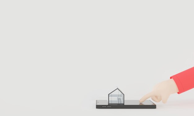 Representación 3D de uso de la mano del teléfono inteligente para elegir el comprador de la vivienda financiera de la casa de bienes raíces que elige para el futuro