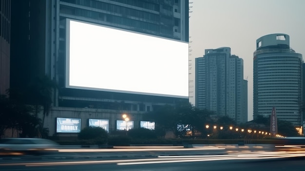 Representación 3D de vallas publicitarias y carteles publicitarios en edificios modernos en una ciudad futurista