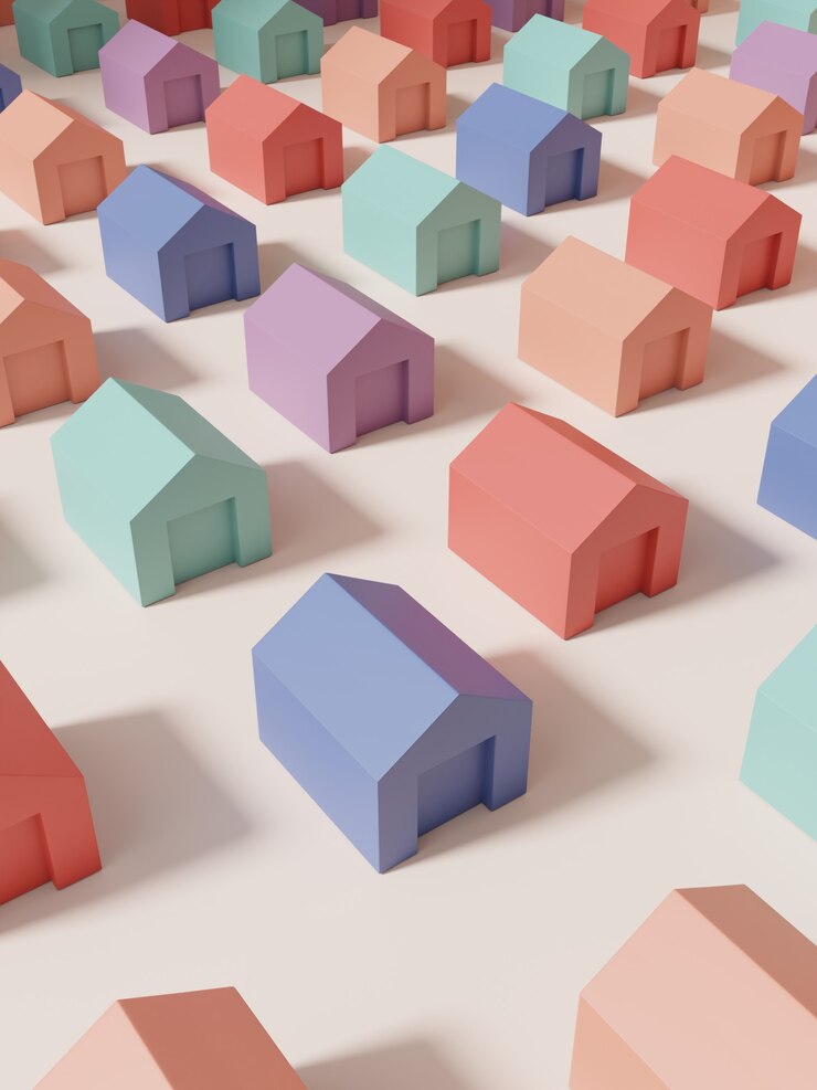 Representación 3D de varios colores pastel Studio Shot Miniatura o Arco Iris Jigsaw Blocks Casas Fondo