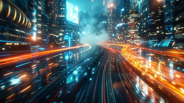 En esta representación 3D vemos una velocidad warp en un hiper bucle con luz borrosa de los edificios por la noche en una megaciudad este es un concepto de tecnología de próxima generación fintech big data red rápida 5G