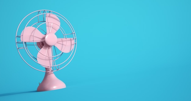 Representación 3D de un ventilador eléctrico rosa sobre un fondo azul.