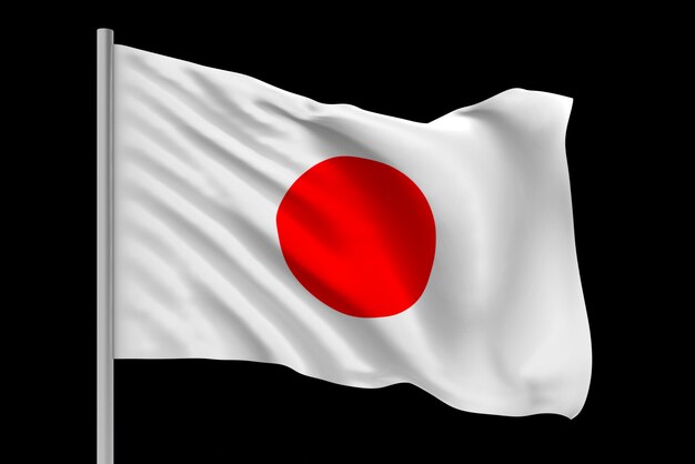 Representación 3d Ventoso ondeando la bandera nacional japonesa con trazado de recorte aislado en negro.