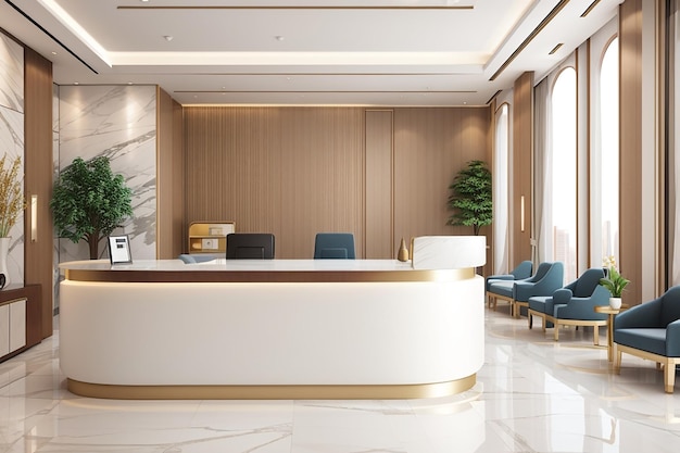 Representación 3D de vestíbulo de recepción de hotel de lujo y oficina con mostrador moderno