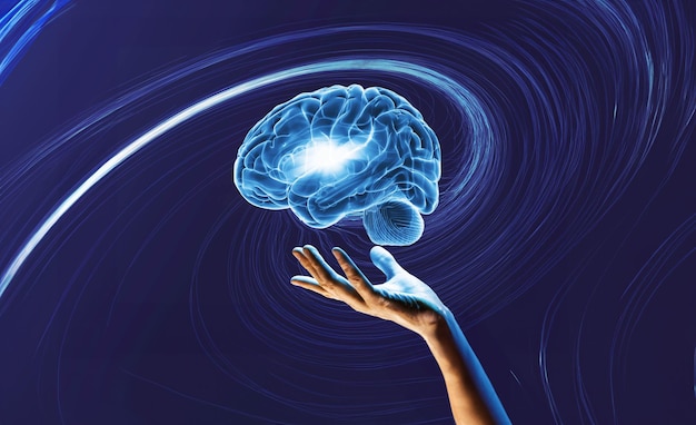 Representación 3D Vida futura Cerebro digital en mano con luces Futuro ahora