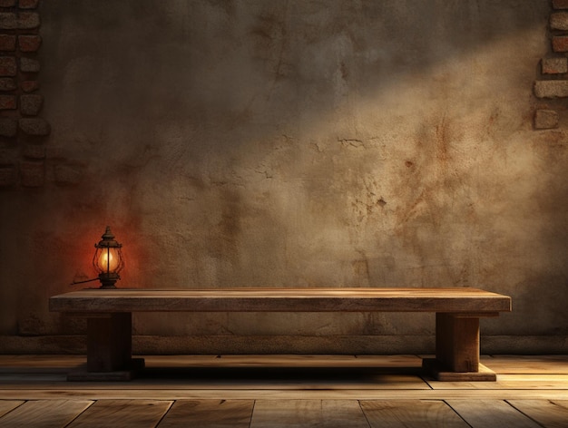 Representación 3D de una vieja mesa de madera contra un fondo de pared grunge con madera de tablón de foco