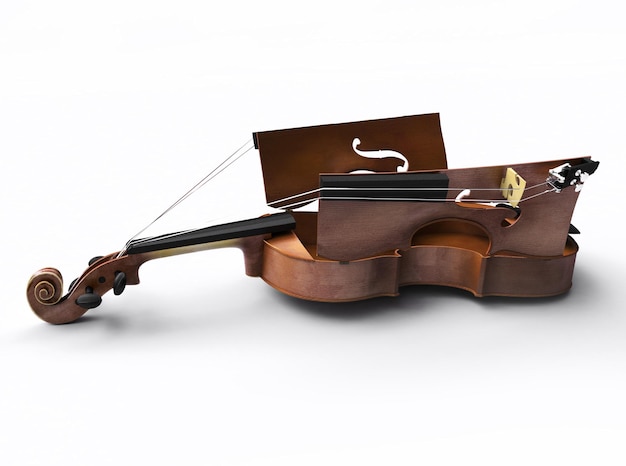 Foto representación 3d de un violín abierto que muestra el interior