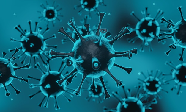 Representación 3D. Virus enriquecido microscópico del Covid-19. Pandemia mundial.