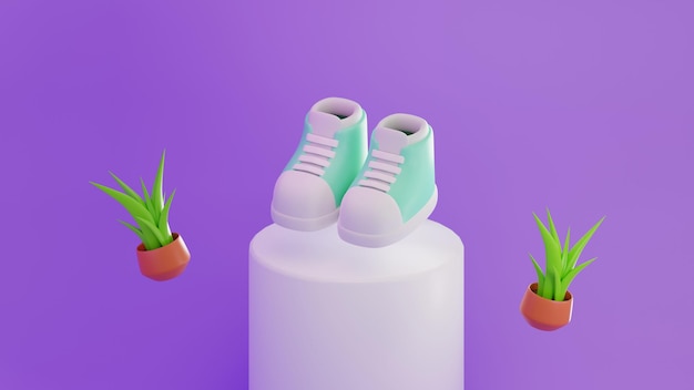 Representación 3d de zapatos o zapatillas de deporte mínimos en exhibición para maqueta y planta sobre fondo pastel púrpura
