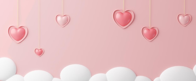 Representación 3dBanner del día de San Valentín con globos en forma de corazón colgando en la nube Banner de ilustración de vacaciones para el diseño del día de San Valentín y el día de la madre