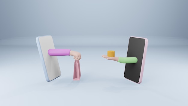 Representación 3DCompras en línea en el teléfono inteligente Una mano sosteniendo una moneda y una mano sosteniendo una bolsa de comprasCompras en línea y concepto de entregaVector ilustrar