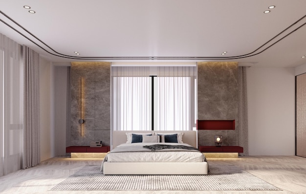 Representación 3dIlustración 3d Escena interior y maquetadiseño interior de dormitoriomuebles diseño de color rojo