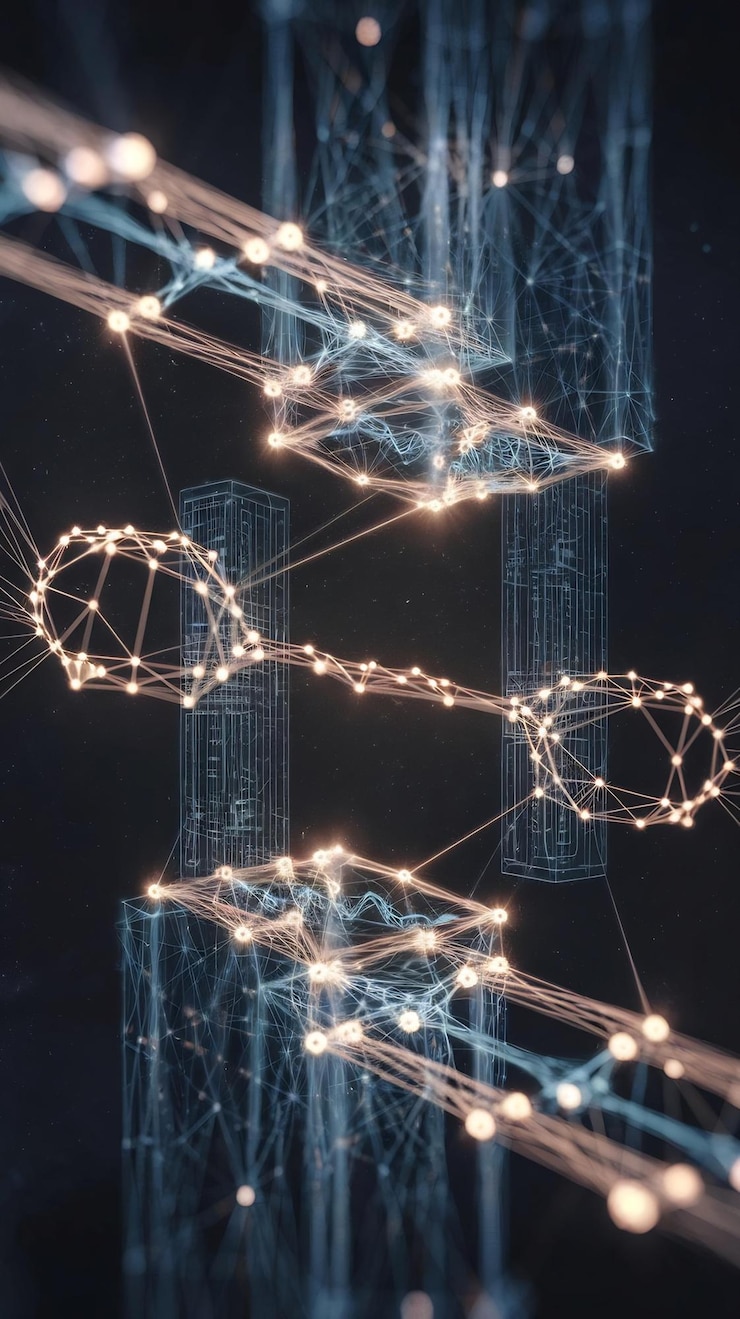 Foto una representación abstracta en 3d de una red digital con nodos y líneas brillantes