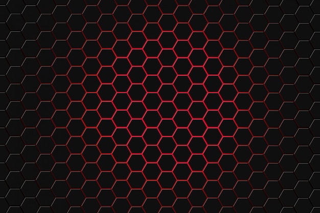 Representación abstracta 3d de la superficie futurista con hexágonos. Fondo rojo oscuro de la ciencia ficción.