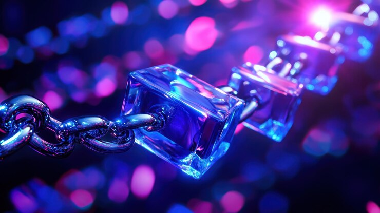 Foto representación abstracta de una cadena hecha de bloques transparentes con un fondo bokeh colorido